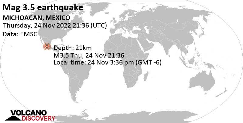 Light mag. 3.5 earthquake - 5.9 km east of Los Reyes de Salgado, Michoacan, Mexico, on Thursday, Nov 24, 2022 at 3:36 pm (GMT -6)