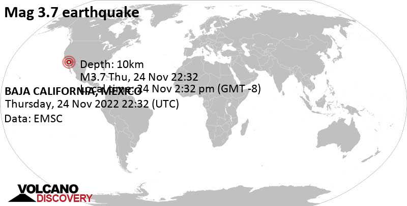 Light mag. 3.7 earthquake - 52 km south of Guadalupe Victoria, Mexico, on Thursday, Nov 24, 2022 at 2:32 pm (GMT -8)