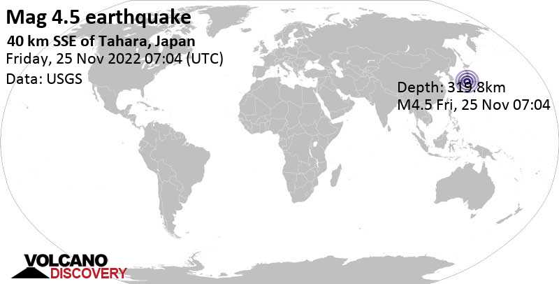 Séisme faible mag. 4.4 - Philippine Sea, 47 km au sud de Toyohashi, Aichi, Japon, vendredi, 25 nov. 2022 16:04 (GMT +9)