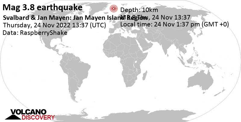 Light mag. 3.8 earthquake - Norwegian Sea, 158 km northeast of Olonkinbyen, Jan Mayen, on Thursday, Nov 24, 2022 at 1:37 pm (GMT +0)