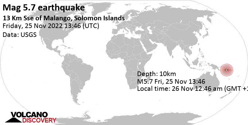 Strong mag. 5.7 earthquake - Solomon Sea, 45 km southwest of Honiara, Solomon Islands, on Saturday, Nov 26, 2022 at 12:46 am (GMT +11)