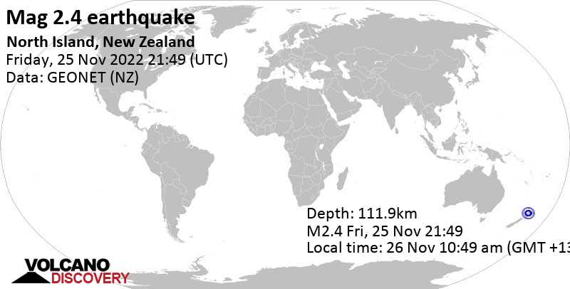 Minor mag. 2.4 earthquake - 55 km south of Hamilton, Waikato, New Zealand, on Saturday, Nov 26, 2022 at 10:49 am (GMT +13)