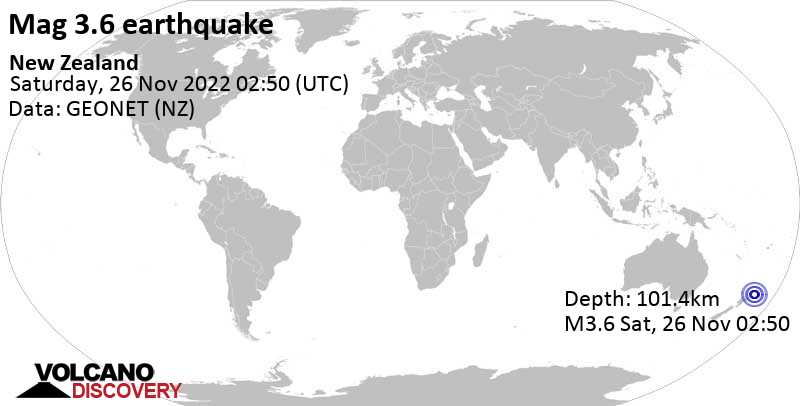 Αδύναμος σεισμός μεγέθους 3.6 - South Pacific Ocean, Παρασκευή, 25 Νοε 2022 14:50 (GMT -12)