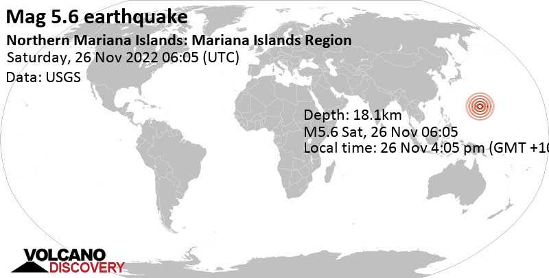 Strong mag. 5.6 earthquake - North Pacific Ocean, Northern Mariana Islands, on Saturday, Nov 26, 2022 at 4:05 pm (GMT +10)