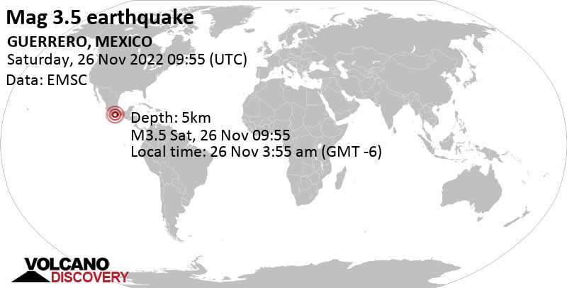 Light mag. 3.5 earthquake - 15 km southwest of Ometepec, Guerrero, Mexico, on Saturday, Nov 26, 2022 at 3:55 am (GMT -6)
