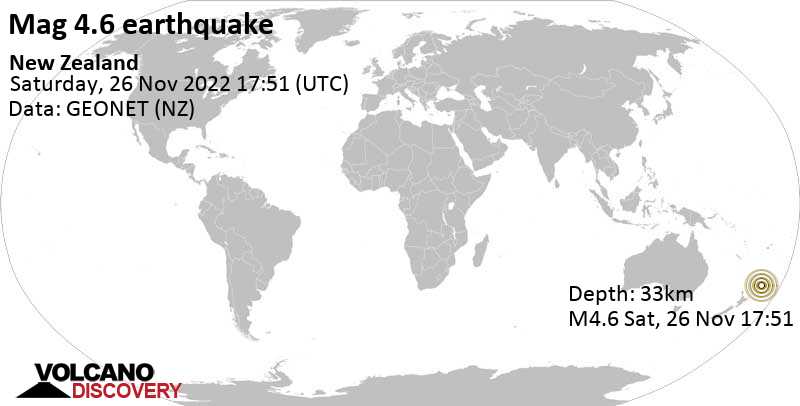 Μέτριος σεισμός μεγέθους 4.6 - South Pacific Ocean, Νέα Ζηλανδία, Κυριακή, 27 Νοε 2022 06:51 (GMT +13)