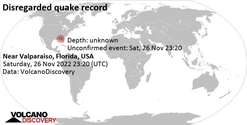 Unconfirmed earthquake or earthquake-like event: 50km E of Valparaiso, Okaloosa County, Florida, USA, Saturday, November 26, 2022 at 5:20pm local time