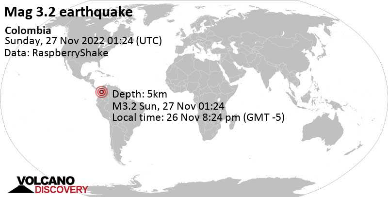 Слабое землетрясение маг. 3.2 - 5.8 km к западу от Anserma, Колумбия, Суббота, 26 ноя 2022 20:24 (GMT -5)