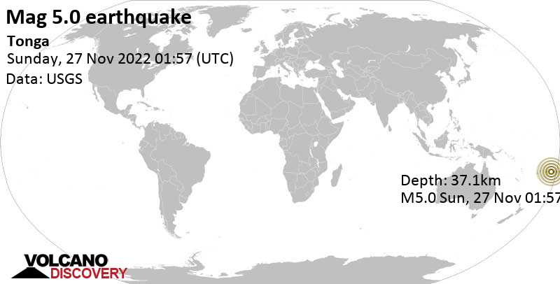 Moderate mag. 5.0 earthquake - South Pacific Ocean, 200 km northeast of Neiafu, Vava\'u, Tonga, on Sunday, Nov 27, 2022 at 2:57 pm (GMT +13)