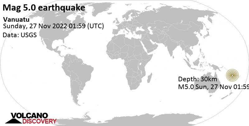 Terremoto moderato mag. 5.0 - Coral Sea, 41 km a sud da Santo, Luganville, Sanma Province, Vanuatu, domenica, 27 nov 2022 12:59 (GMT +11)