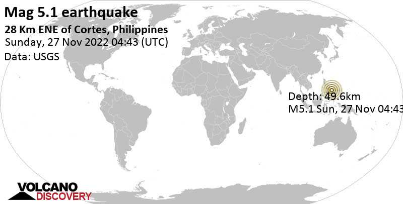 Μέτριος σεισμός μεγέθους 5.1 - Philippine Sea, 44 km βορειοανατολικά από Tandag, Φιλιππίνες, Κυριακή, 27 Νοε 2022 12:43 (GMT +8)