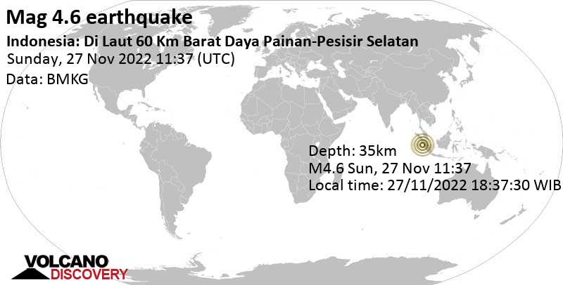 Terremoto moderado mag. 4.6 - Indian Ocean, 74 km SSW of Padang, Sumatra Barat, Indonesia, domingo, 27 nov 2022 18:37 (GMT +7)