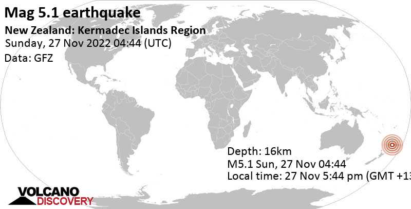 Δυνατός σεισμός μεγέθους 5.1 - South Pacific Ocean, Νέα Ζηλανδία, Κυριακή, 27 Νοε 2022 17:44 (GMT +13)