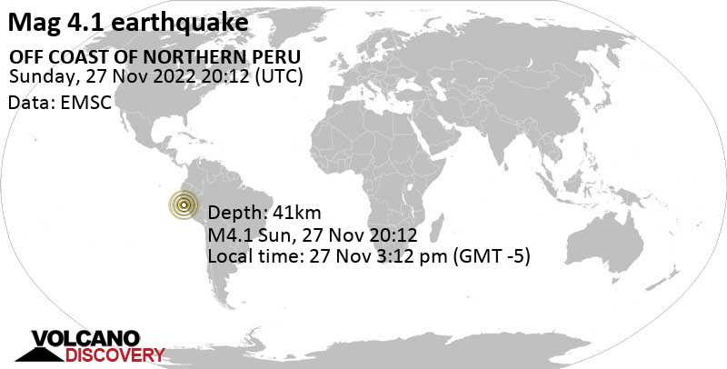 Leichtes Erdbeben der Stärke 4.1 - South Pacific Ocean, 85 km westlich von Chimbote, Peru, am Sonntag, 27. Nov 2022 um 15:12 Lokalzeit
