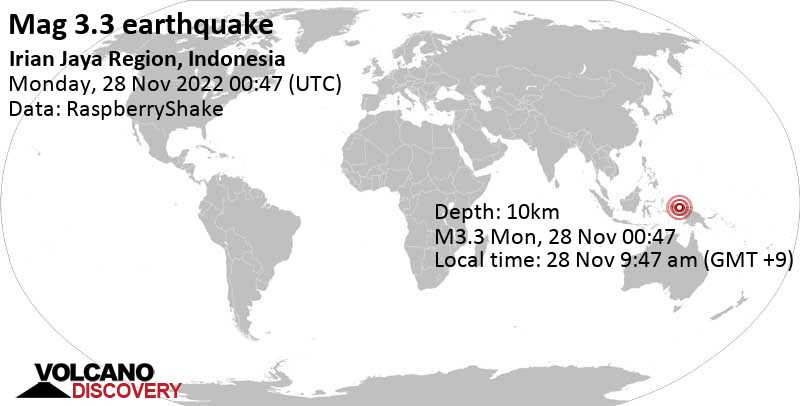 Séisme faible mag. 3.3 - South Pacific Ocean, Indonésie, lundi, 28 nov. 2022 09:47 (GMT +9)