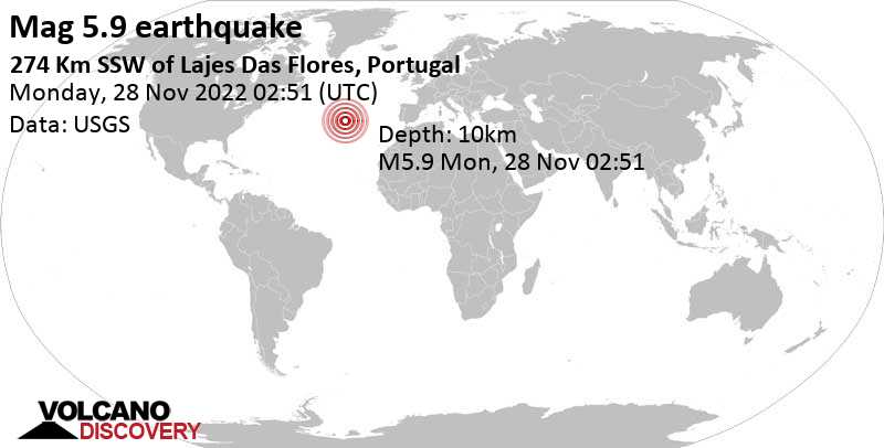 Tremblement de terre fort magnitude 5.9 - Océan Atlantique Nord, 275 km au sud-ouest de Lajes das Flores, Portugal, lundi, 28 nov. 2022 00:51 (GMT -2)