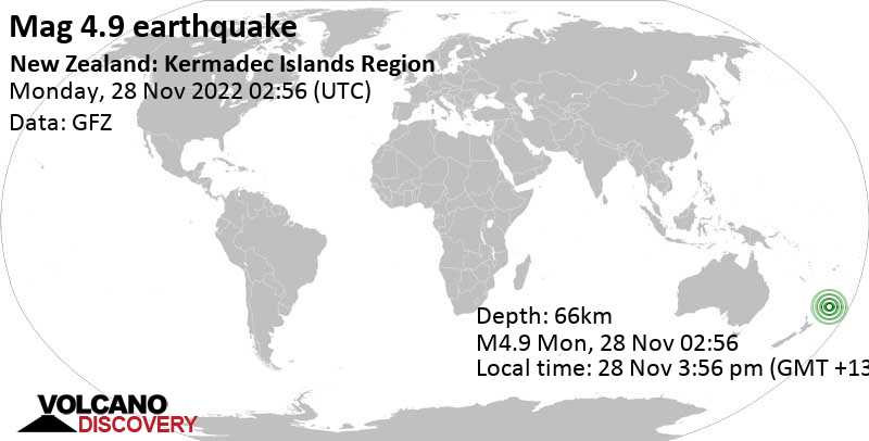 Ελαφρύς σεισμός μεγέθους 4.9 - South Pacific Ocean, Νέα Ζηλανδία, Δευτέρα, 28 Νοε 2022 15:56 (GMT +13)