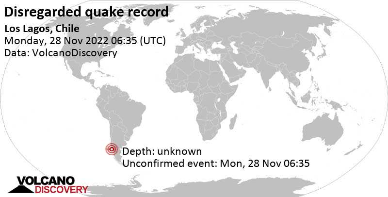 Unbekanntes (usrprünglich als Erdbeben) gemeldetes Ereignis: 64 km südlich von Purranque, Osorno, Los Lagos, Chile, am Montag, 28. Nov 2022 um 03:35 Lokalzeit