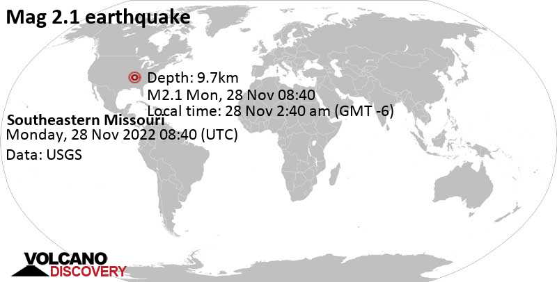 Schwaches Erdbeben Stärke 2.1 - 13 km südwestlich von New Madrid, Missouri, USA, am Montag, 28. Nov 2022 um 02:40 Lokalzeit