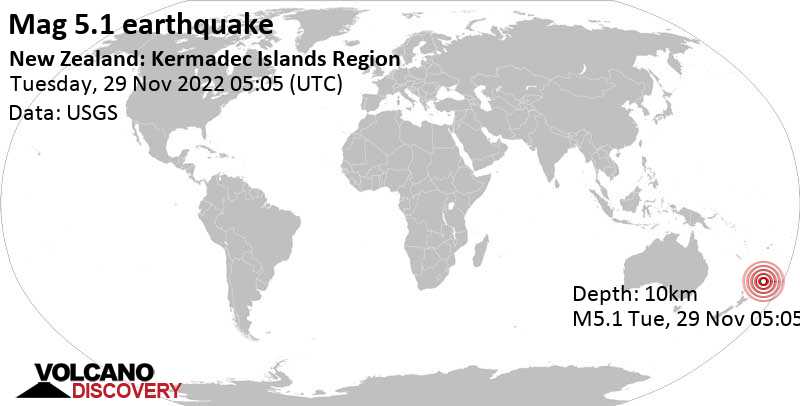 Δυνατός σεισμός μεγέθους 5.1 - South Pacific Ocean, Νέα Ζηλανδία, Τρίτη, 29 Νοε 2022 18:05 (GMT +13)