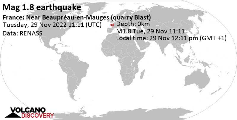 Minor mag. 1.8 earthquake - 4.7 km south of Ancenis, Loire-Atlantique, Pays de la Loire, France, on Tuesday, Nov 29, 2022 at 12:11 pm (GMT +1)