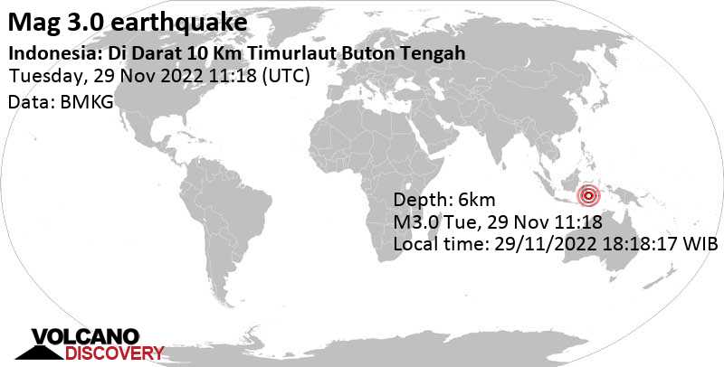 Light mag. 3.0 earthquake - 46 km south of Katabu, Southeast Sulawesi, Indonesia, on Tuesday, Nov 29, 2022 at 7:18 pm (GMT +8)