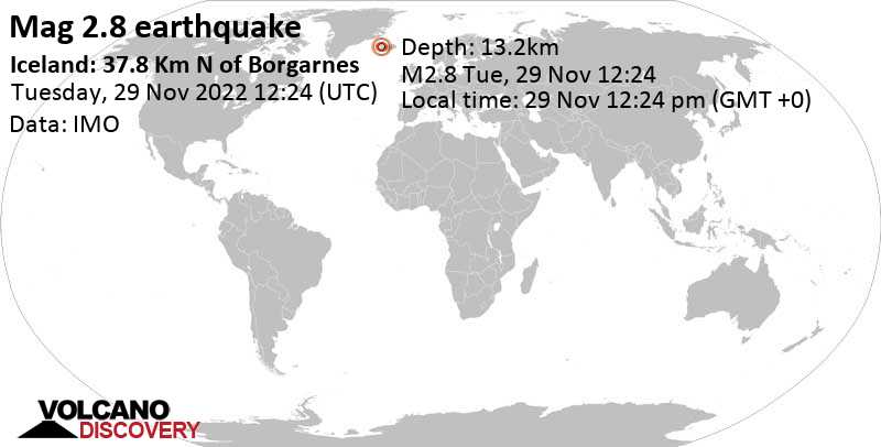Слабое землетрясение маг. 2.8 - Iceland: 37.8 Km N of Borgarnes, Вторник, 29 ноя 2022 12:24 (GMT +0)