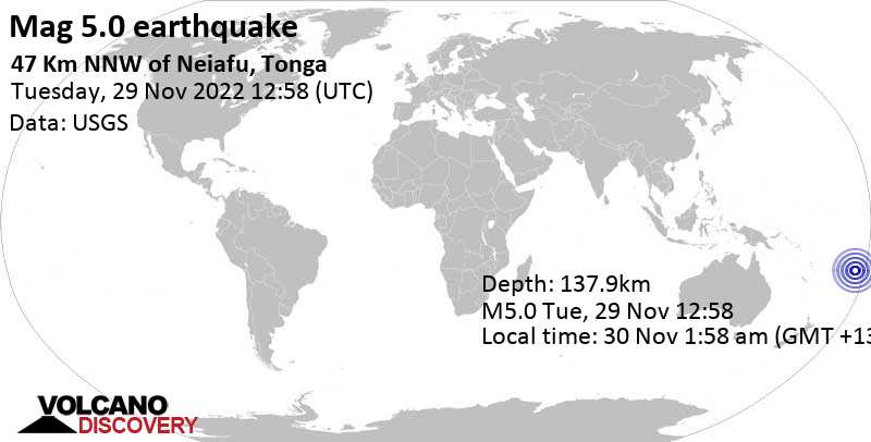 Μέτριος σεισμός μεγέθους 5.0 - South Pacific Ocean, 47 km βόρεια από Neiafu, Vava\'u, Τόνγκα, Τετάρτη, 30 Νοε 2022 01:58 (GMT +13)