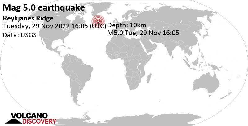 Δυνατός σεισμός μεγέθους 5.0 - North Atlantic Ocean, Τρίτη, 29 Νοε 2022 14:05 (GMT -2)