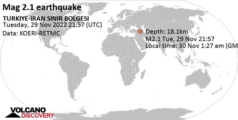 Minor mag. 2.1 earthquake - Turkey, 44 km northwest of Salmas, West Azerbaijan, Iran, on Wednesday, Nov 30, 2022 at 1:27 am (GMT +3:30)