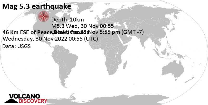 Δυνατός σεισμός μεγέθους 5.3 - 46 km ανατολικά από Peace River, Αλμπέρτα, Καναδάς, Τρίτη, 29 Νοε 2022 17:55 (GMT -7)