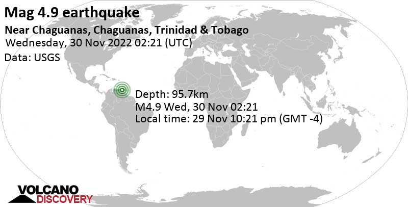 4.9 quake 33 km west of Guiria, Municipio Valdez, Sucre, Venezuela, Nov 29, 2022 10:21 pm (GMT -4)