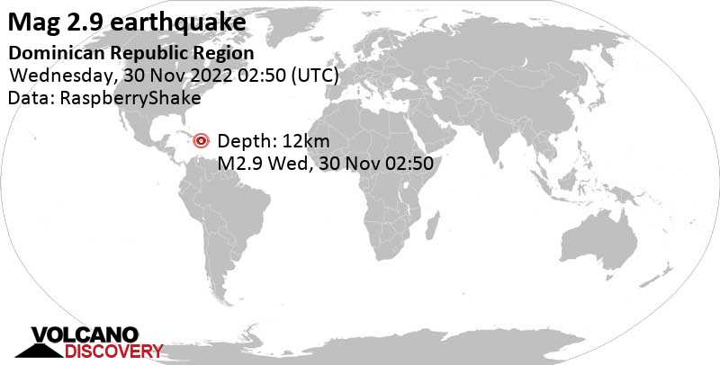 Weak mag. 2.9 earthquake - 26 km west of Compostela de Azua, Dominican Republic, on Tuesday, Nov 29, 2022 at 10:50 pm (GMT -4)