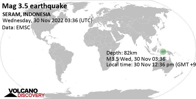 Weak mag. 3.5 earthquake - Banda Sea, 75 km southeast of Amahai, Maluku, Indonesia, on Wednesday, Nov 30, 2022 at 12:36 pm (GMT +9)