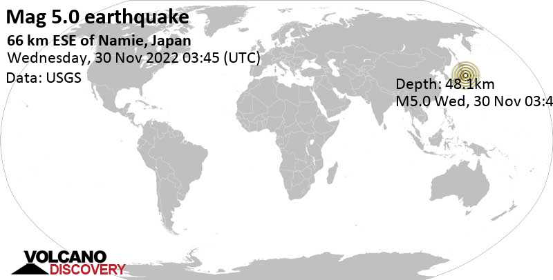 5.0 quake North Pacific Ocean, 76 km east of Iwaki, Fukushima, Japan, Nov 30, 2022 12:45 pm (GMT +9)