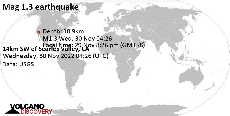 Незначительное землетрясение маг. 1.3 - 14km SW of Searles Valley, CA, Вторник, 29 ноя 2022 20:26 (GMT -8)