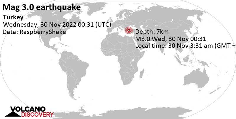 Light mag. 3.0 earthquake - 19 km northeast of Soma, Manisa, Turkey, on Wednesday, Nov 30, 2022 at 3:31 am (GMT +3)
