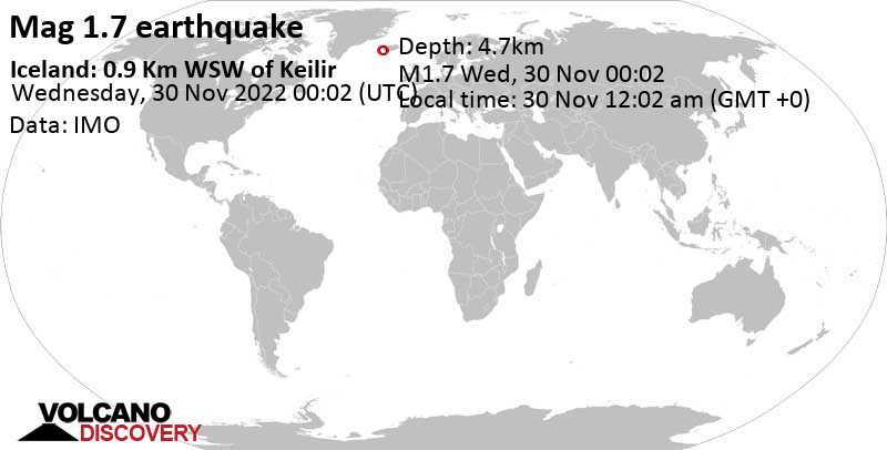 Незначительное землетрясение маг. 1.7 - Iceland: 0.9 Km WSW of Keilir, Среда, 30 ноя 2022 00:02 (GMT +0)
