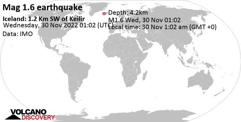 Незначительное землетрясение маг. 1.6 - Iceland: 1.2 Km SW of Keilir, Среда, 30 ноя 2022 01:02 (GMT +0)