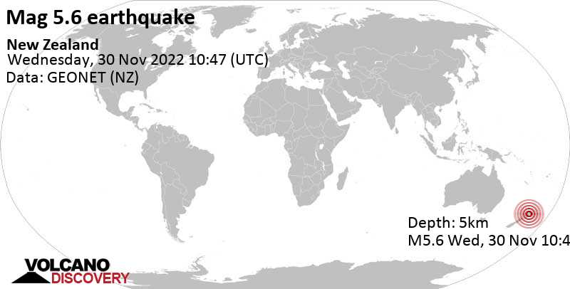 Сильное землетрясение магнитудой 5.6 - Северный остров, 22 km к юго-западу от Таупо, Новая Зеландия, Среда, 30 ноя 2022 23:47 (GMT +13)