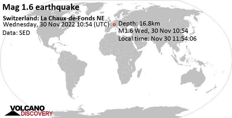 Minor mag. 1.6 earthquake - Switzerland: La Chaux-de-Fonds NE on Wednesday, Nov 30, 2022 at 11:54 am (GMT +1)