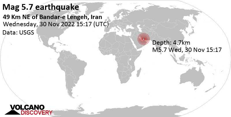 5.7 quake 49 km northeast of Bandar-e Lengeh, Hormozgan, Iran, Nov 30, 2022 6:47 pm (GMT +3:30)
