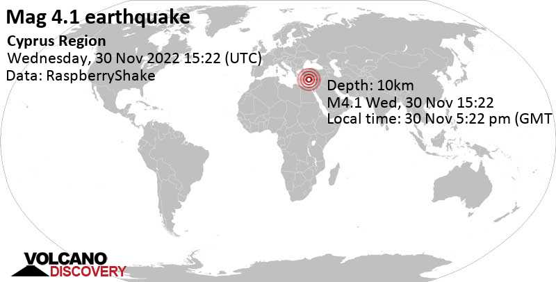 4.1 quake Eastern Mediterranean, 203 km west of Nicosia, Cyprus, Nov 30, 2022 5:22 pm (GMT +2)