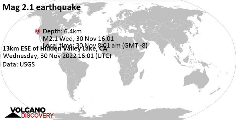 Weak mag. 2.1 earthquake - 27 mi northeast of Santa Rosa, Sonoma County, California, USA, on Wednesday, Nov 30, 2022 at 8:01 am (GMT -8)