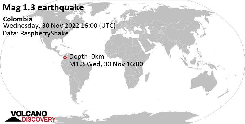 Незначительное землетрясение маг. 1.3 - Antioquia, 34 km к западу от Puerto Boyaca, Колумбия, Среда, 30 ноя 2022 11:00 (GMT -5)