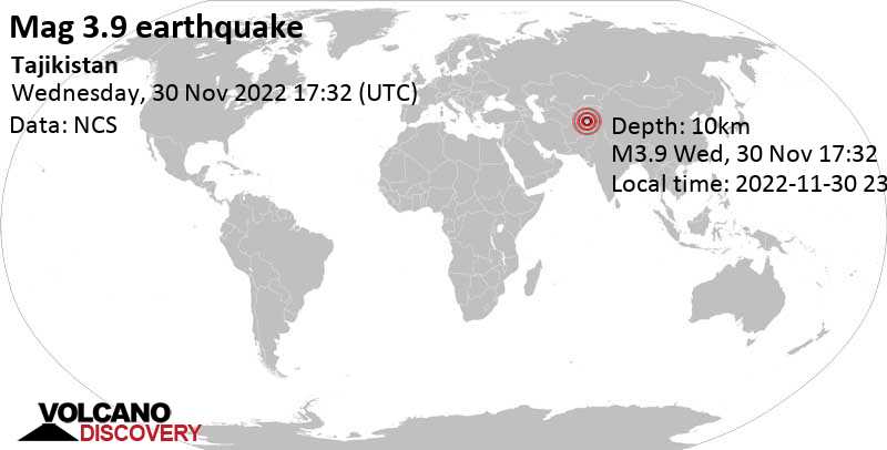 Умеренное землетрясение маг. 3.9 - Афганистан, 71 km к востоку от Khorugh, Таджикистан, Среда, 30 ноя 2022 22:32 (GMT +5)