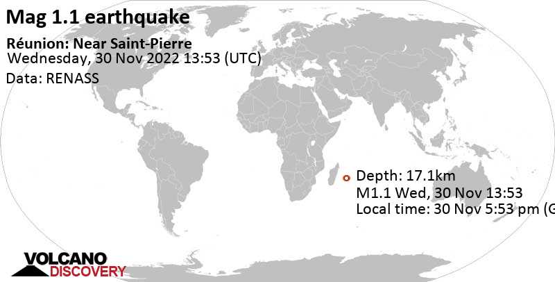 Μικρός σεισμός μεγέθους 1.1 - Réunion: Near Saint-Pierre, Τετάρτη, 30 Νοε 2022 17:53 (GMT +4)