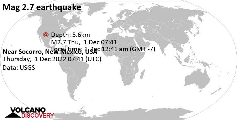 2.7 quake 6.3 mi south of Socorro, New Mexico, USA, Dec 1, 2022 12:41 am (GMT -7)