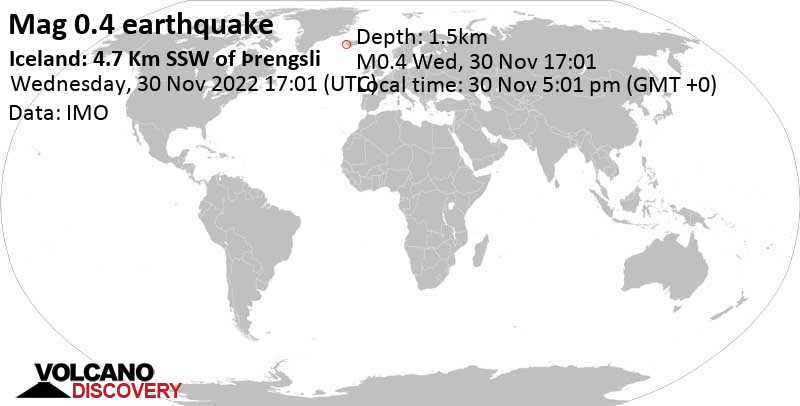 Μικρός σεισμός μεγέθους 0.4 - Iceland: 4.7 Km SSW of Þrengsli, Τετάρτη, 30 Νοε 2022 17:01 (GMT +0)