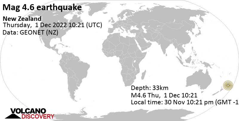 Μέτριος σεισμός μεγέθους 4.6 - South Pacific Ocean, Νέα Ζηλανδία, Τετάρτη, 30 Νοε 2022 22:21 (GMT -12)